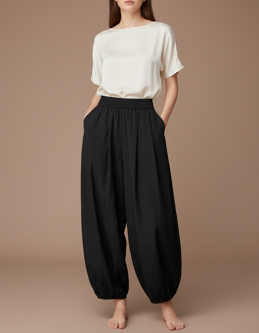 Pantalon Japonais Noir Fluide Ample Décontracté - Viscose