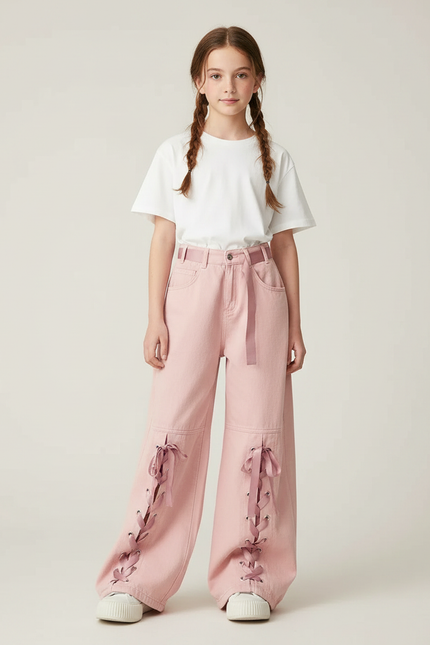 Pantalon Japonais Rose Ample Lacets Fille Décontracté - Jean