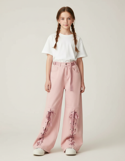 Pantalon Japonais Rose Ample Lacets Fille Décontracté - Jean