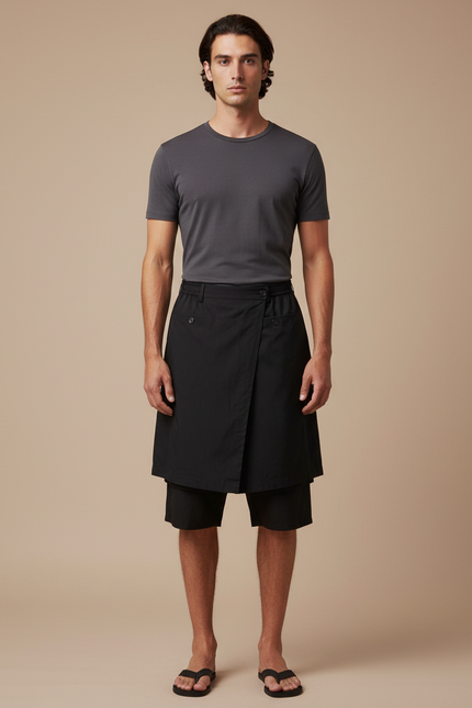 Pantalon Japonais Noir Superposé Coton Déstructuré Homme - Gabardine