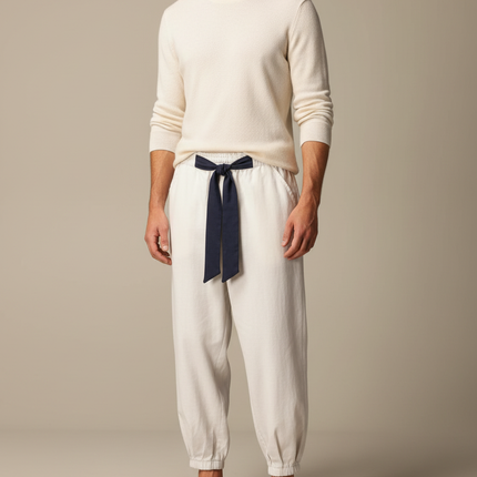 Pantalon Japonais Crème Ample Ceinturé Coton Homme - Beige