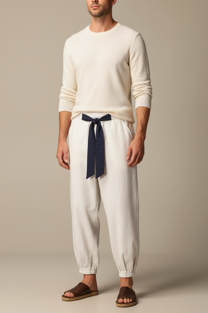 Pantalon Japonais Crème Ample Ceinturé Coton Homme - Beige