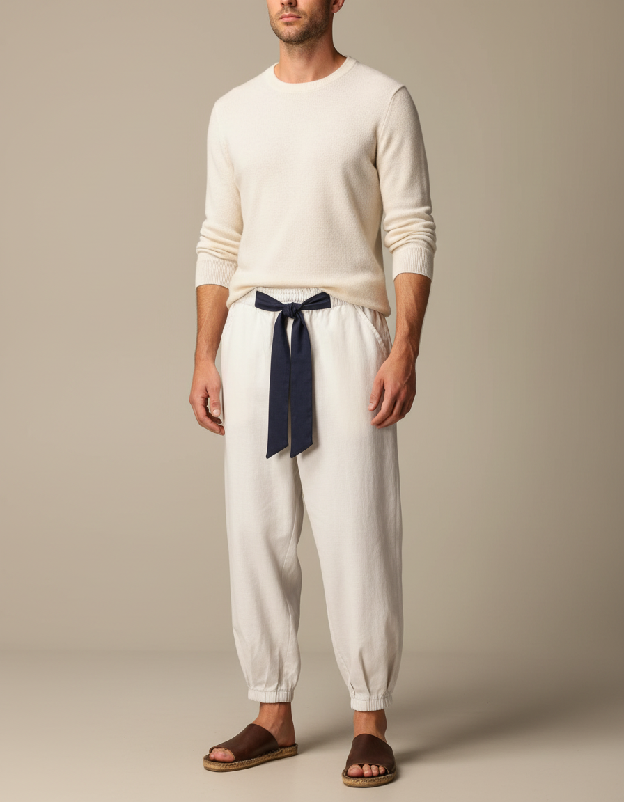 Pantalon Japonais Crème Ample Ceinturé Coton Homme - Beige