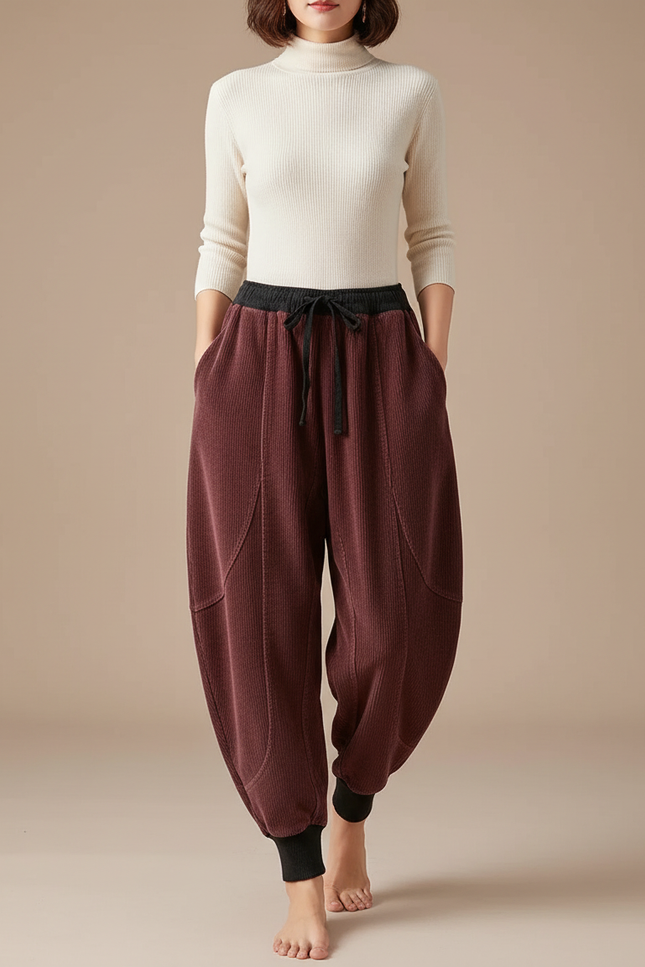 Pantalon Japonais Velours Côtelé Marron Harem Cordon Élastique - Bordeaux Cordé