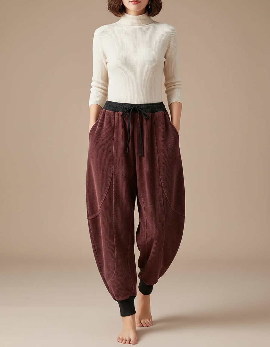 Pantalon Japonais Velours Côtelé Marron Harem Cordon Élastique - Bordeaux Cordé