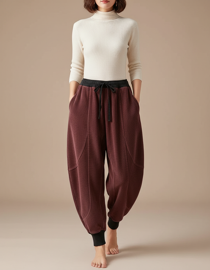 Pantalon Japonais Velours Côtelé Marron Harem Cordon Élastique - Bordeaux Cordé