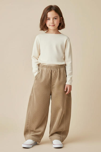 Pantalon Japonais Corduroy Beige Ample Décontracté Enfant - Cordé