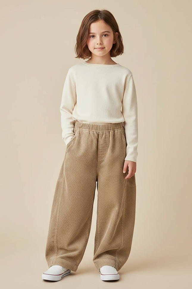 Pantalon Japonais Corduroy Beige Ample Décontracté Enfant - Cordé