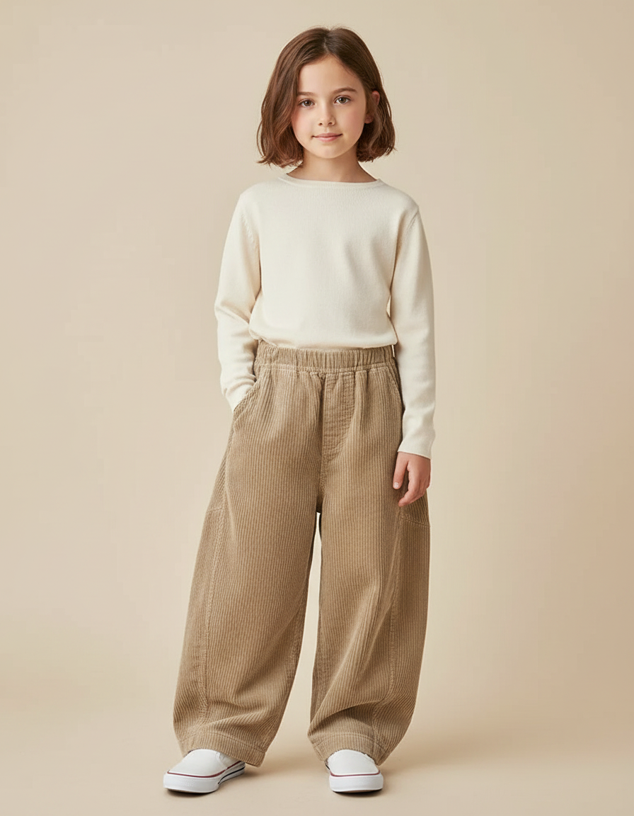 Pantalon Japonais Corduroy Beige Ample Décontracté Enfant - Cordé