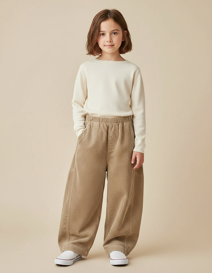 Pantalon Japonais Corduroy Beige Ample Décontracté Enfant - Cordé