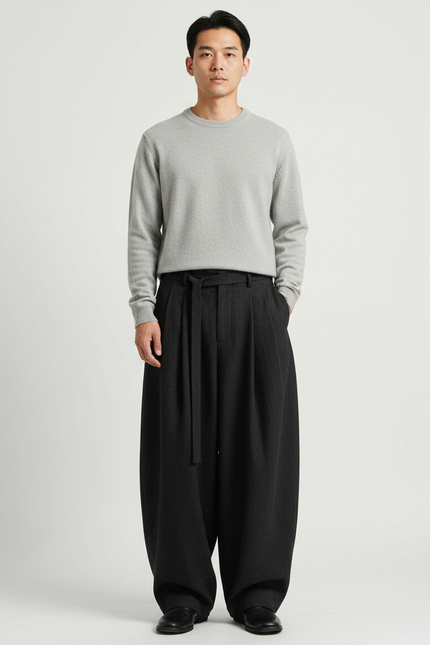 Pantalon Japonais Large Ceinturé Gris Sombre Fluide Homme - Laine