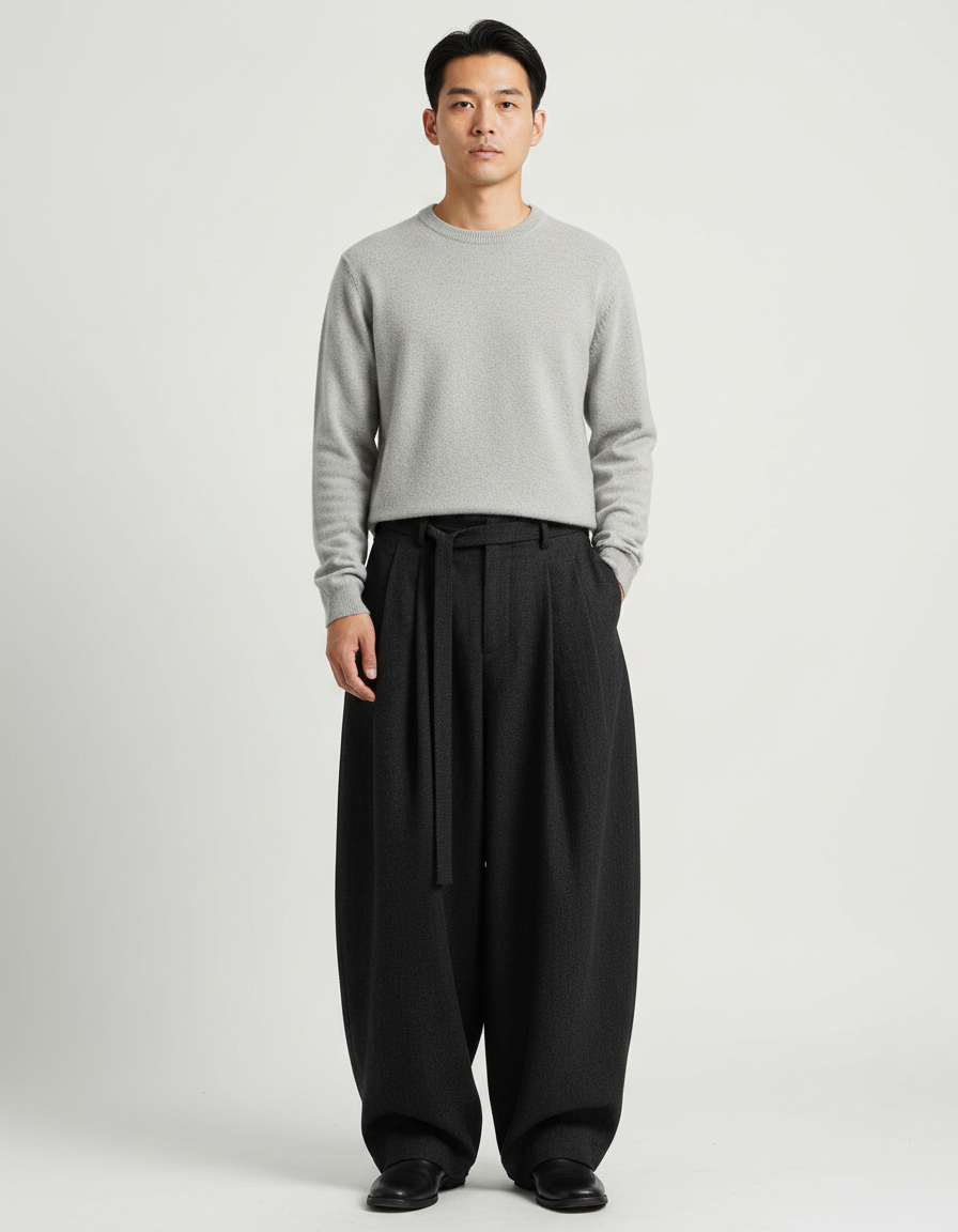 Pantalon Japonais Large Ceinturé Gris Sombre Fluide Homme - Laine