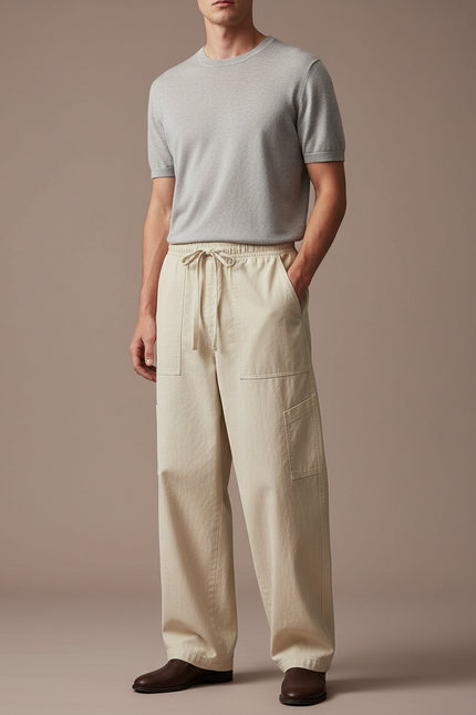 Pantalon Japonais Beige Ample Coton Décontracté Cargo Homme