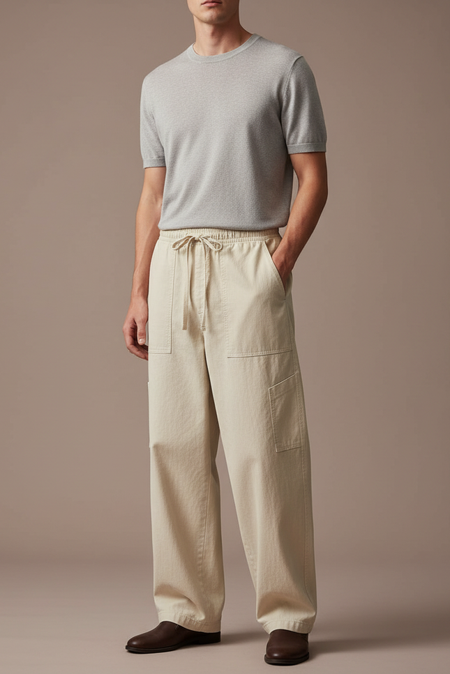 Pantalon Japonais Beige Ample Coton Décontracté Cargo Homme