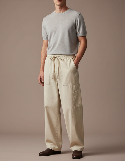 Pantalon Japonais Beige Ample Coton Décontracté Cargo Homme