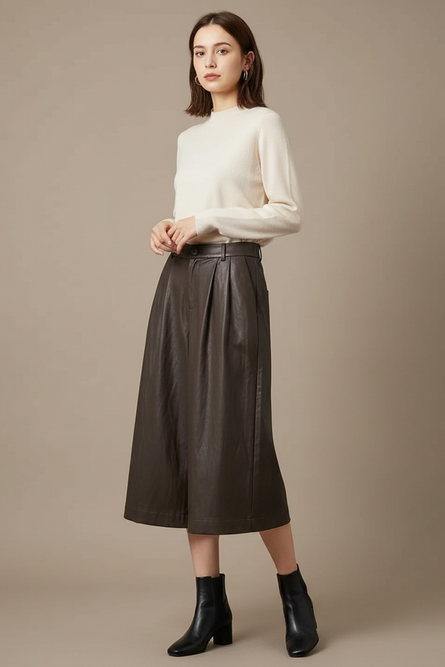 Pantalon Japonais Marron Cuir Ample Élégant Femme