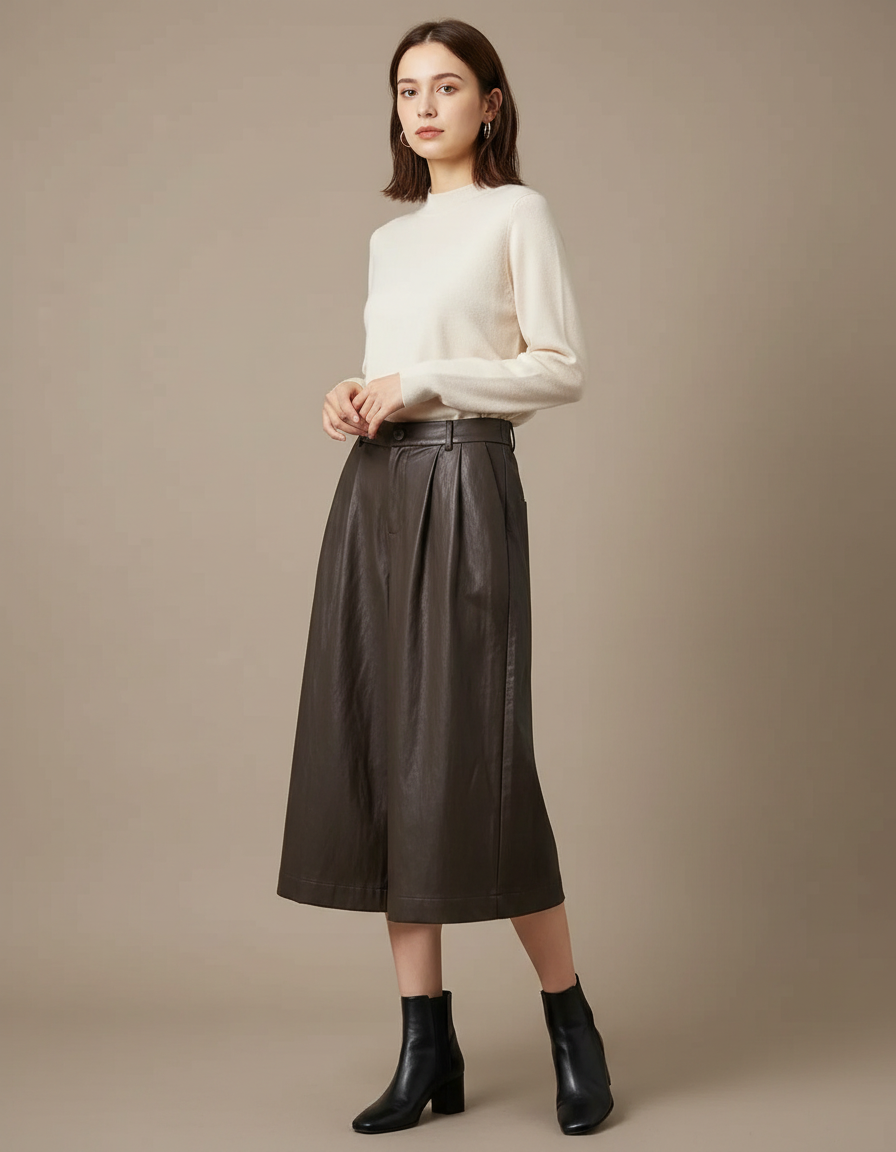 Pantalon Japonais Marron Cuir Ample Élégant Femme