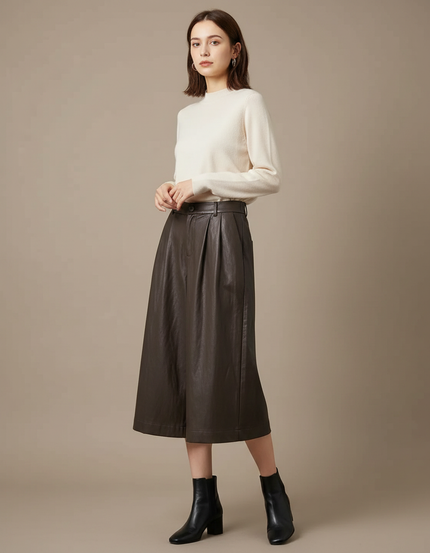 Pantalon Japonais Marron Cuir Ample Élégant Femme