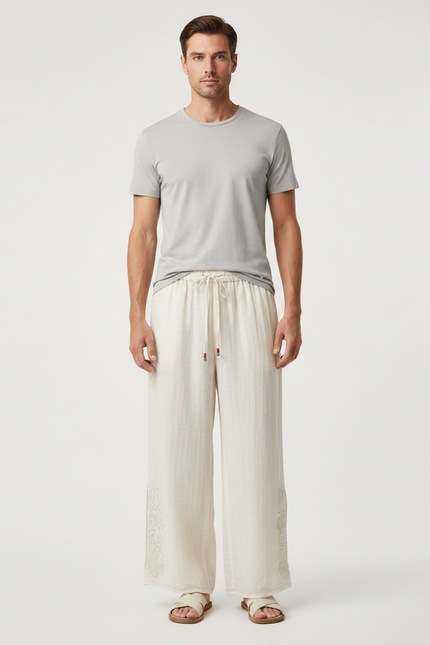 Pantalon Japonais Beige Ample Lin Brodé Ethnique Décontracté