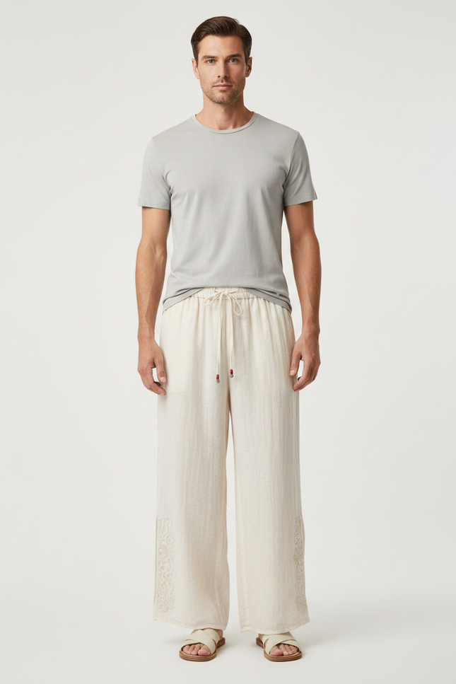 Pantalon Japonais Beige Ample Lin Brodé Ethnique Décontracté
