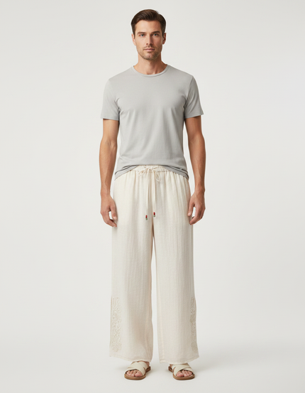 Pantalon Japonais Beige Ample Lin Brodé Ethnique Décontracté