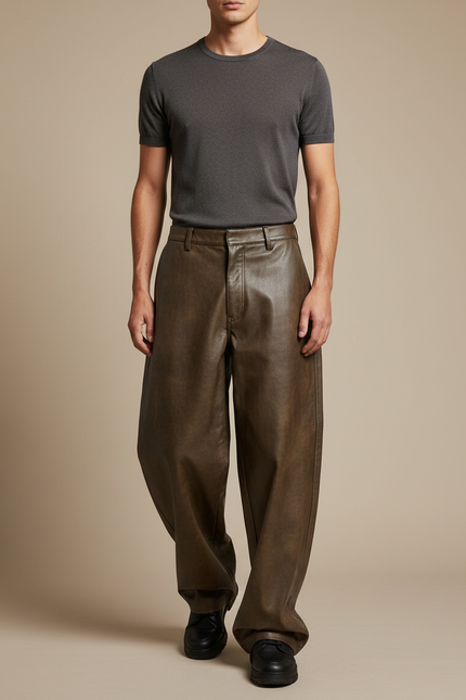 Pantalon Japonais Marron Cuir Ample Décontracté Homme