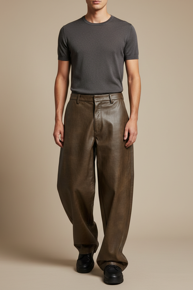 Pantalon Japonais Marron Cuir Ample Décontracté Homme