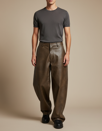 Pantalon Japonais Marron Cuir Ample Décontracté Homme