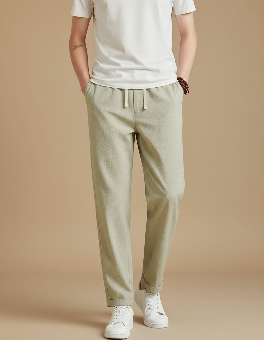 Pantalon Japonais Vert Kaki Ample Coton Lin Homme