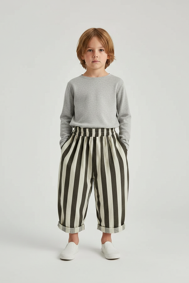 Pantalon Japonais Rayé Ample Coton Enfant - Kaki