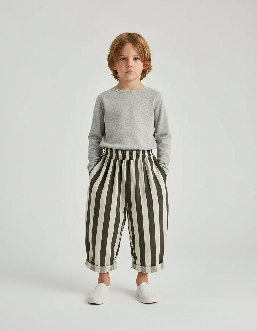 Pantalon Japonais Rayé Ample Coton Enfant - Kaki