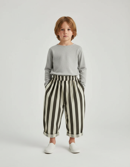 Pantalon Japonais Rayé Ample Coton Enfant - Kaki