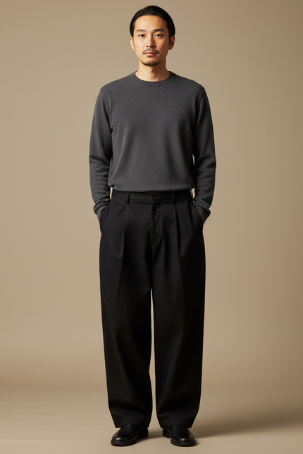 Pantalon Japonais Noir Ample Plissé Coton Décontracté