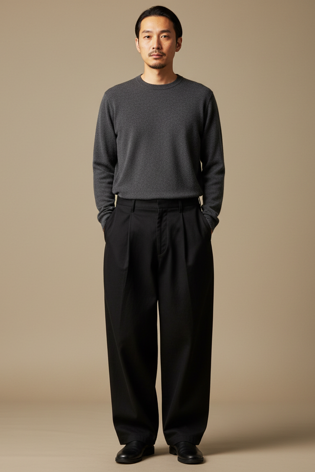 Pantalon Japonais Noir Ample Plissé Coton Décontracté