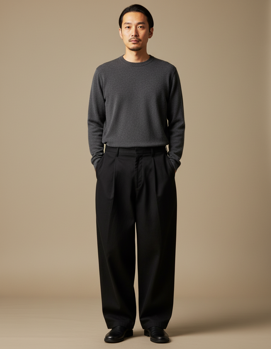 Pantalon Japonais Noir Ample Plissé Coton Décontracté