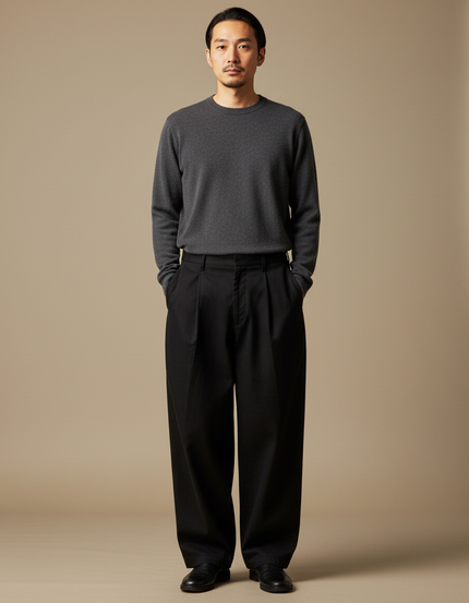 Pantalon Japonais Noir Ample Plissé Coton Décontracté