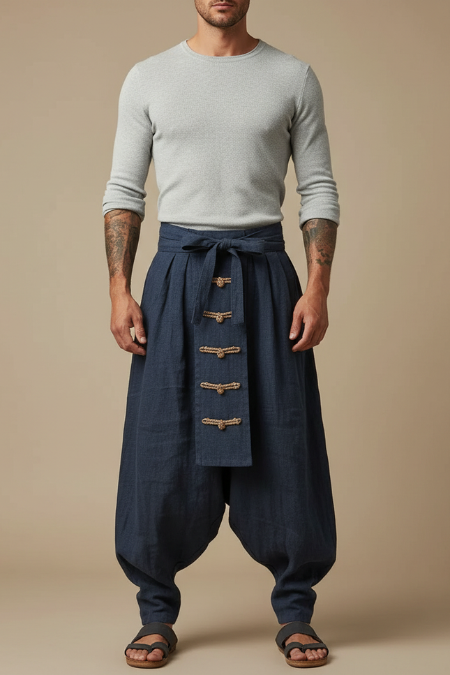 Pantalon Japonais Large Lin Coton Bleu Marine Décontracté Homme