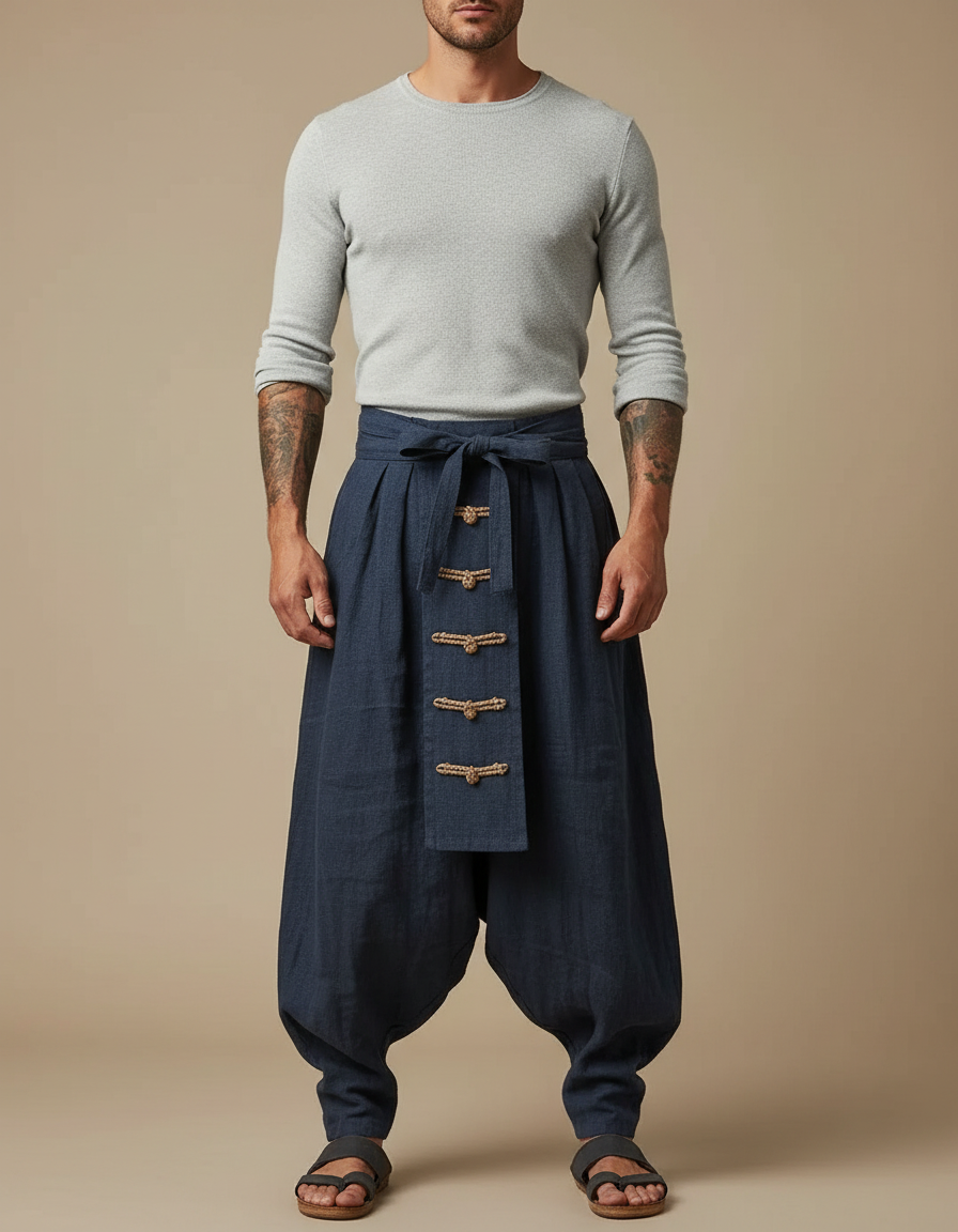 Pantalon Japonais Large Lin Coton Bleu Marine Décontracté Homme