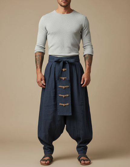 Pantalon Japonais Large Lin Coton Bleu Marine Décontracté Homme