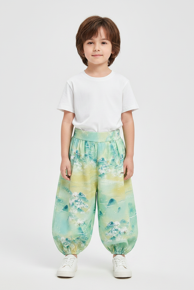 Pantalon Japonais Vert Ample Motif Paysage Enfant - Viscose