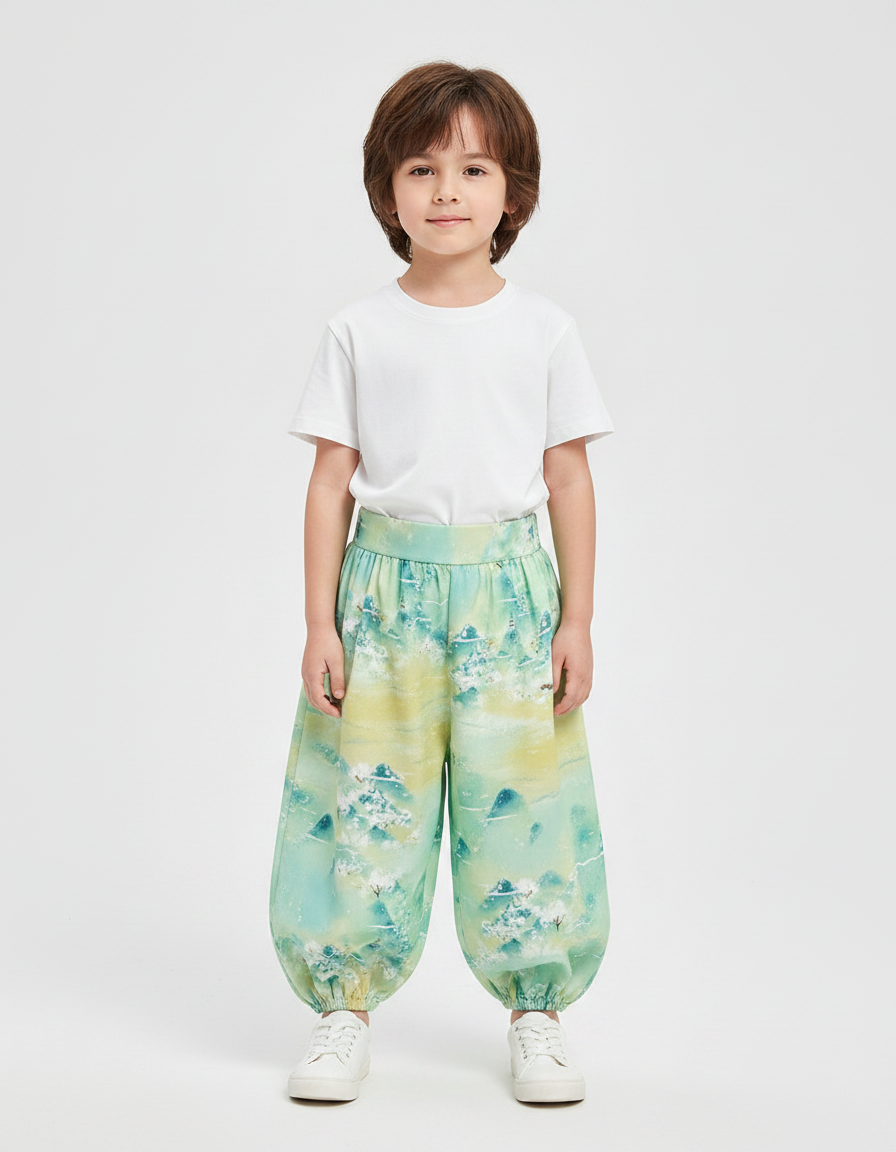 Pantalon Japonais Vert Ample Motif Paysage Enfant - Viscose