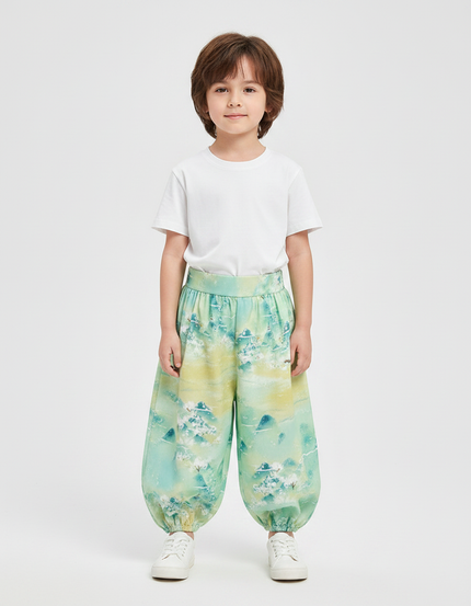 Pantalon Japonais Vert Ample Motif Paysage Enfant - Viscose