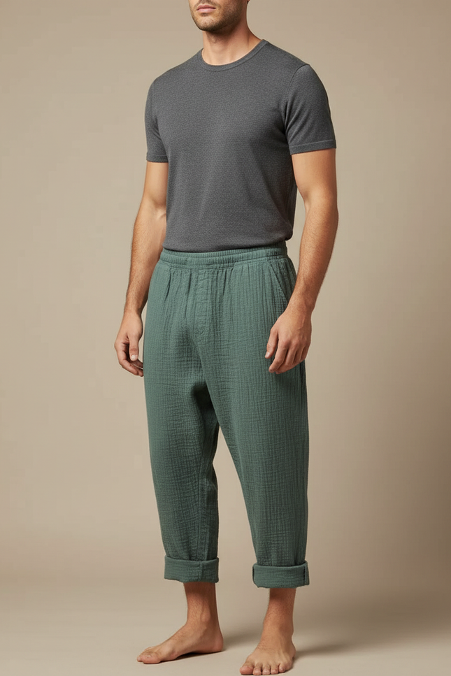 Pantalon Japonais Vert Ample Coton Texturé Confortable Homme