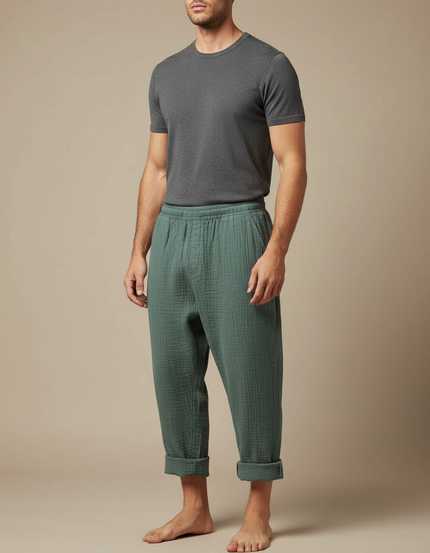 Pantalon Japonais Vert Ample Coton Texturé Confortable Homme