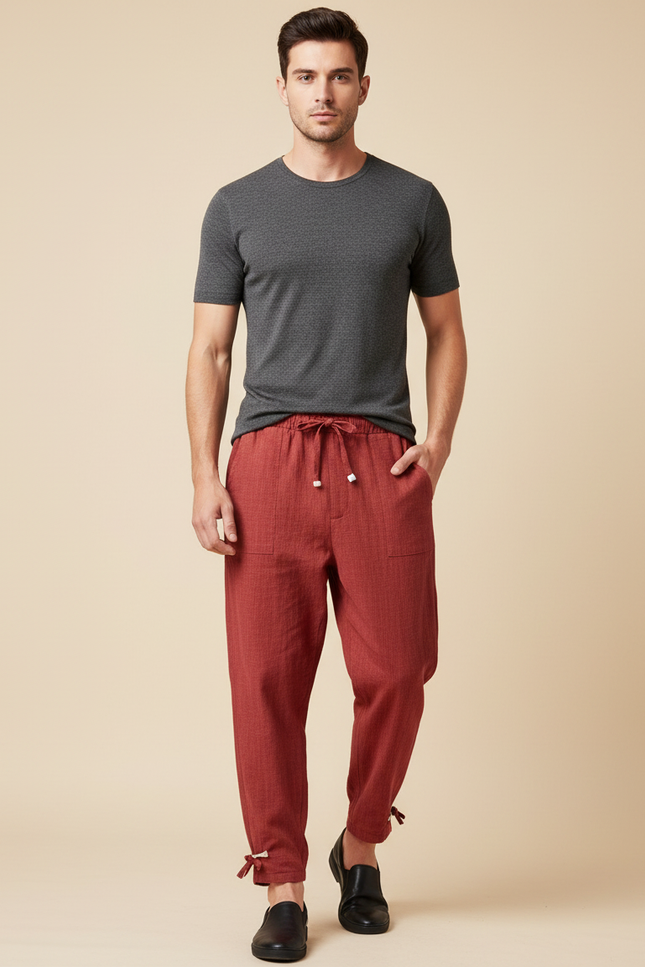 Pantalon Japonais Rouge Ample Coton Texturé Décontracté