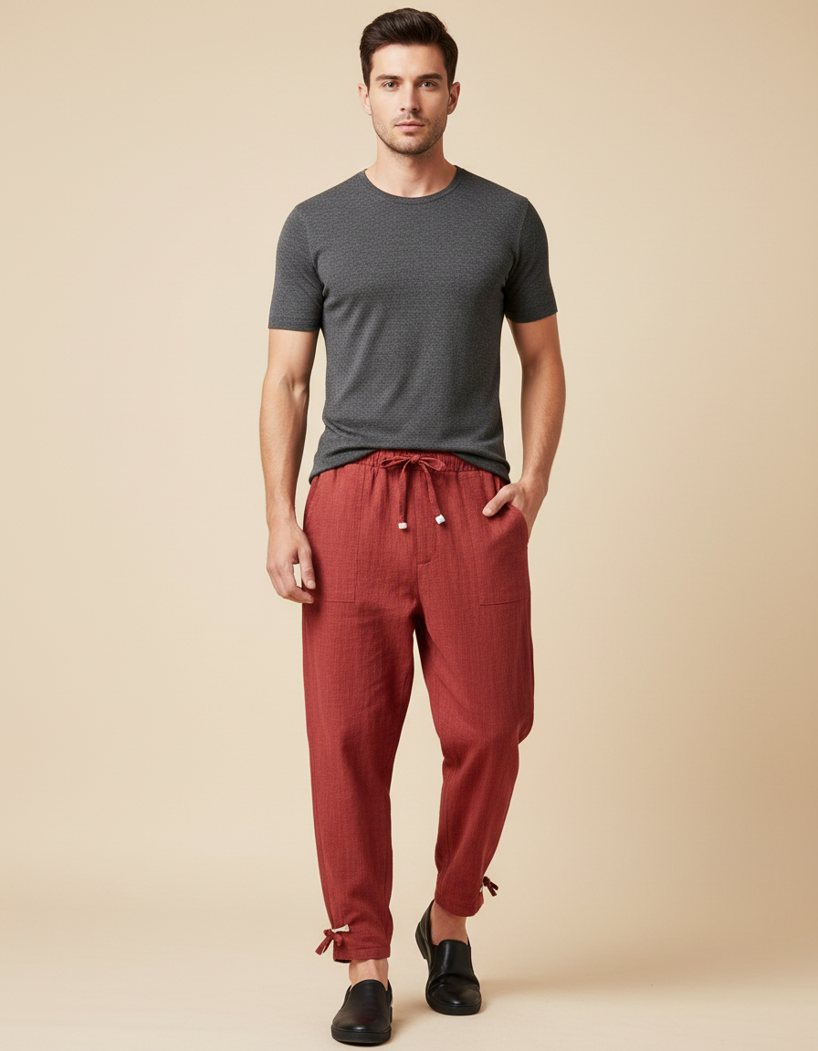 Pantalon Japonais Rouge Ample Coton Texturé Décontracté