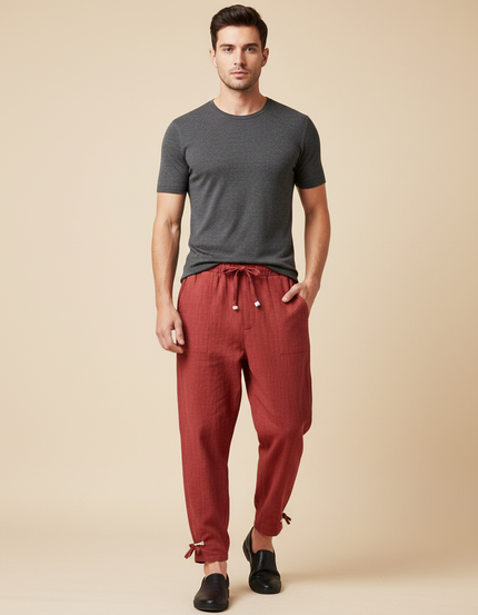 Pantalon Japonais Rouge Ample Coton Texturé Décontracté