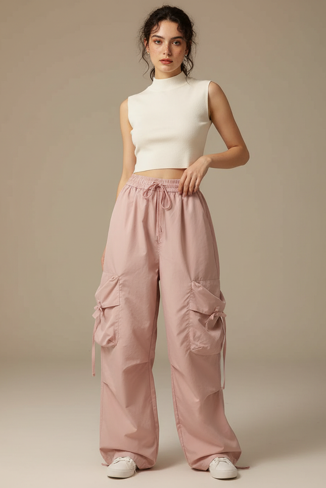 Pantalon Japonais Rose Cargo Ample Décontracté Multipoches - Polyester