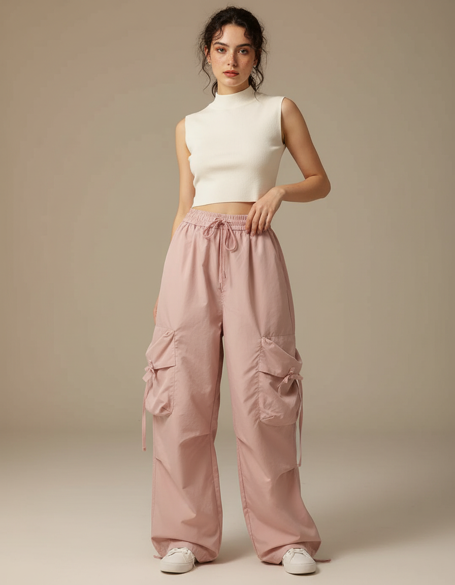 Pantalon Japonais Rose Cargo Ample Décontracté Multipoches - Polyester
