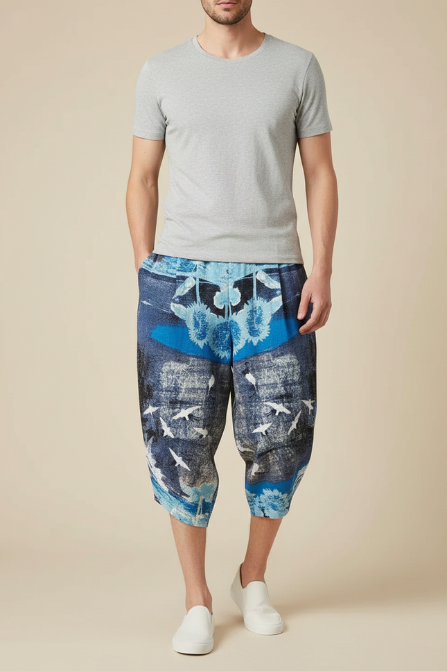 Pantalon Japonais Imprimé Bleu Ample Sarouel Décontracté - Viscose